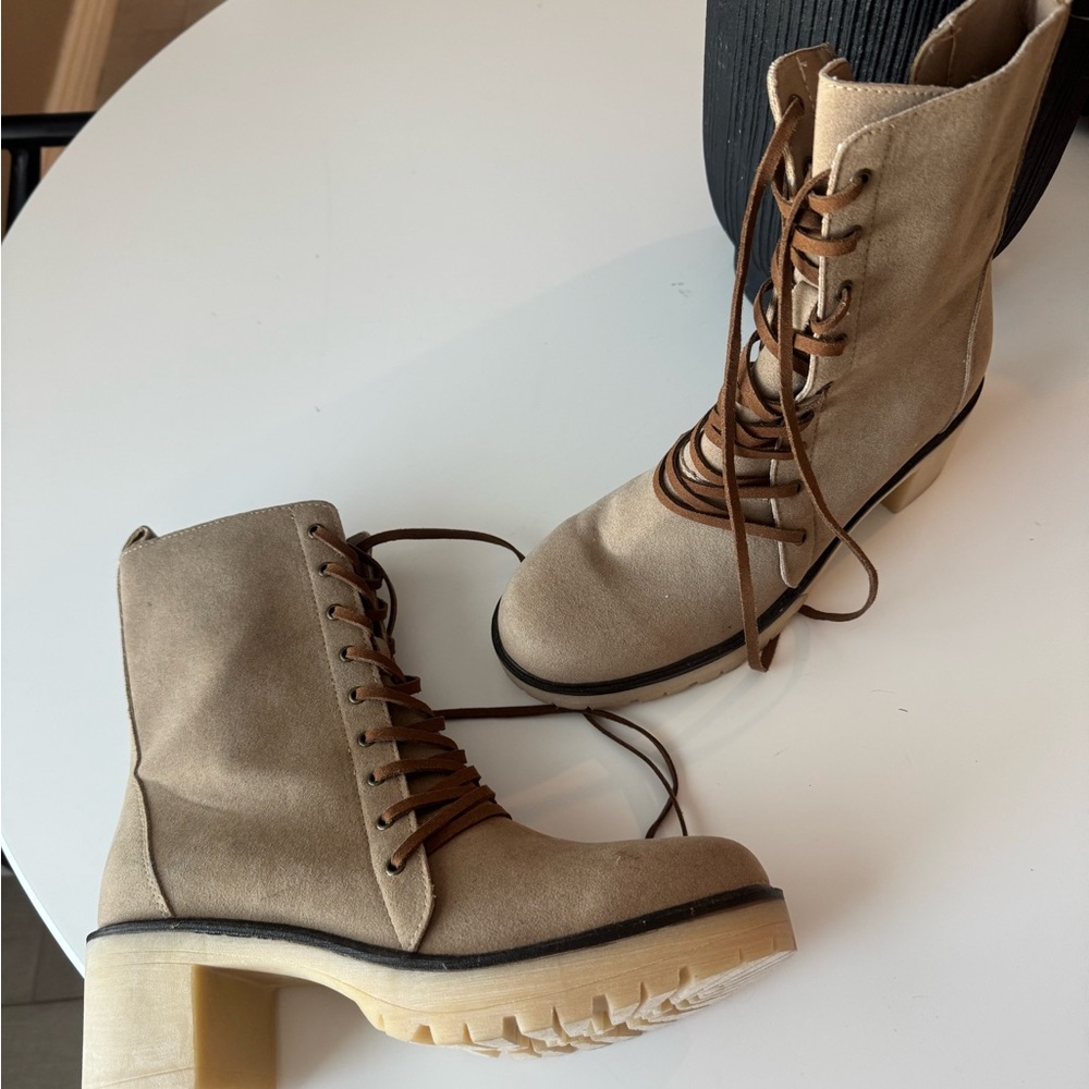 Vici Beige Lace-Up Heeled Boots